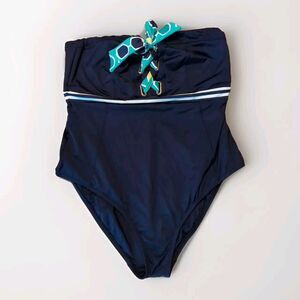 Trina Turk Swimsuit Bandeau One Piece Womens 18W Blue Stripe Tie Front